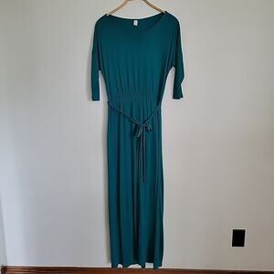 Old Navy Jersey Knit Belted Maxi Dress Green 3/4 Sleeve Boat Neck Casual